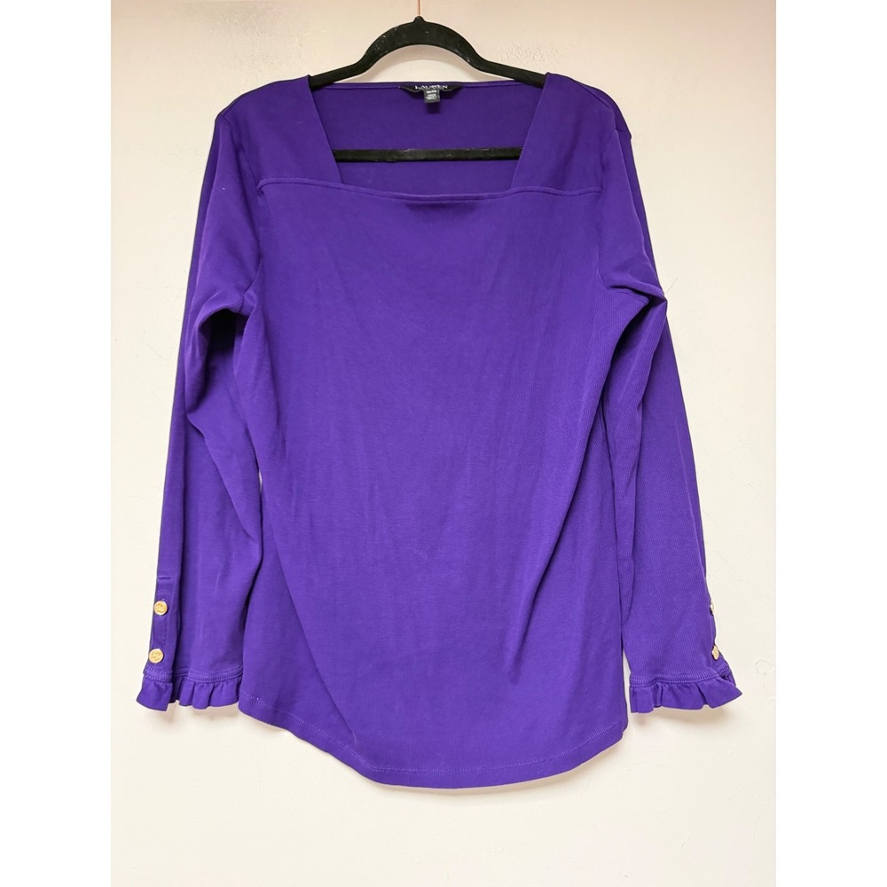 Lauren Ralph Lauren Ribbed Knit Top Women 1X Purple Excellent Gold Button Ruffle
